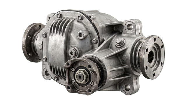 A silver metal differential housing with bolted flanges and ribbed texture rests against a plain transparent background.