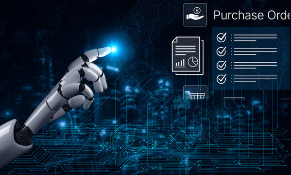 Futuristic Robot Arm Pointing at Digital Purchase Order Interface with Graphs and Checklists in Tech Background for E-commerce and Automation Concepts. Bitwise.