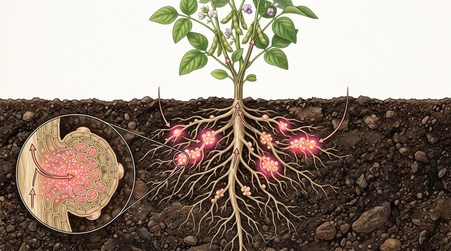 Scientific Illustration of Soybean Plant Nitrogen Fixation with Root Nodules and Soil Cross Section Isolated on White Background