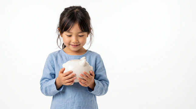 貯金箱を大事そうに見つめる子供と右側に広がる白コピースペース
