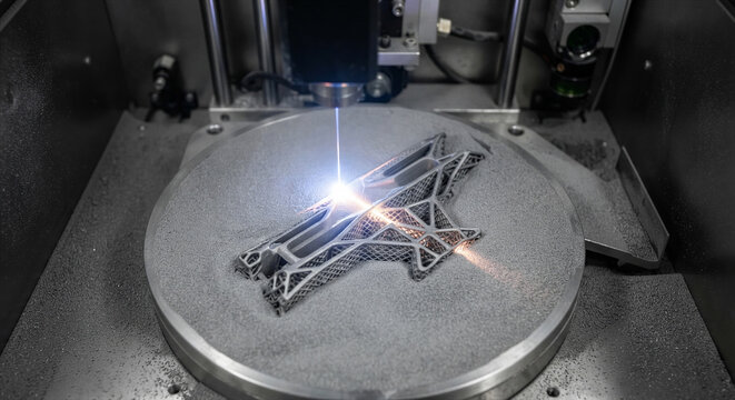 Selective laser sintering 3d printing process featuring glowing laser point fusing titanium metal powder on complex geometric prototype