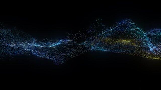 4K Blue Particle Waves with Golden Accents Isolated on Black. Abstract Flowing Light Background Video for Elegant Motion Graphics, Wedding Titles and Holiday Overlays