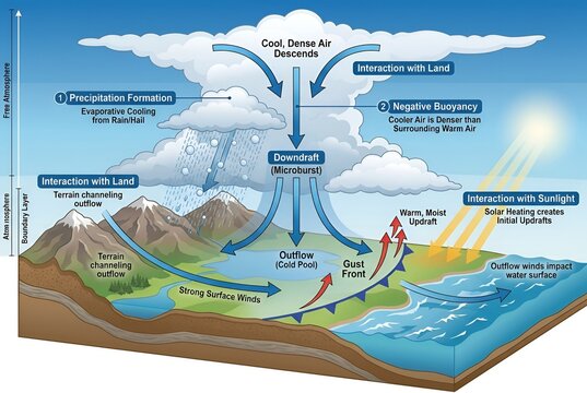 Detailed scientific diagram illustrating the complex atmospheric process of a microburst, downdraft, and storm formation