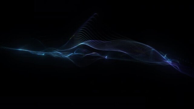 4K Blue Glowing Wave with Fine Light Ribbons Isolated on Black. Minimal Abstract Background Video for Elegant Titles, Celebration Greetings and Motion Graphics Overlays