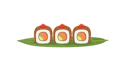 Delicious Japanese sushi maki rolls with salmon and caviar served on green bamboo leaf vector illustration isolated on white background © Monsura