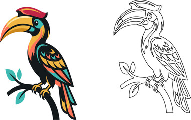 Fototapeta premium Colorful hornbill illustration perched branch dual version colored outline vector icon isolated tropical bird teal orange yellow vibrant exotic wildlife retro