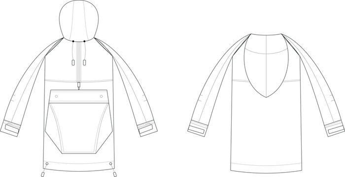 Technical fashion flat sketch of a unisex hooded rain jacket and windbreaker showing front and back garment views