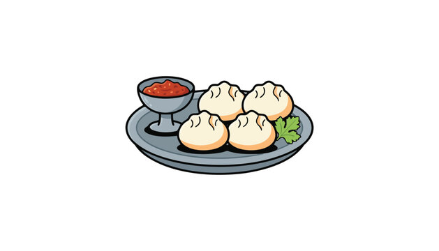 Delicious traditional Asian steamed dumplings momos or dim sum served on plate with hot chili dipping sauce vector illustration