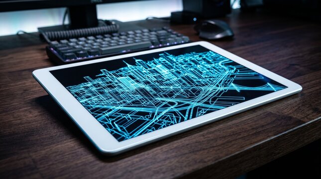 Digital architectural city blueprint glowing on a tablet screen on a wooden office desk