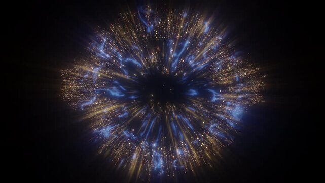 4K Gold and Blue Radial Particle Burst Isolated on Black. Glowing Abstract Light Ring Background Video for Festive Motion Graphics, Intros and Logo Reveals