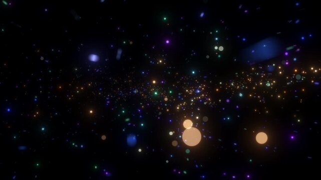 4K Colorful Bokeh and Golden Glitter Particles Isolated on Black. Glowing Festive Lights Background Video for Christmas, Weddings and Anniversary Greetings