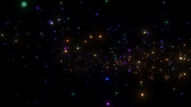 4K Colorful Bokeh and Golden Glitter Particles Isolated on Black. Glowing Festive Lights Background Video for Christmas, Weddings and Anniversary Greetings