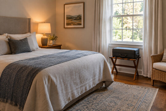 Welcoming guest room with a suitcase on a luggage rack