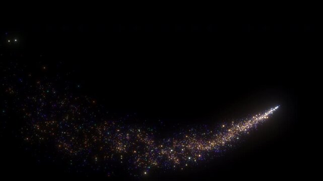 4K Golden Particle Trail with a Bright Sparkling Tip Isolated on Black. Abstract Horizontal Glitter Background Video for Festive Overlays and Title Reveals