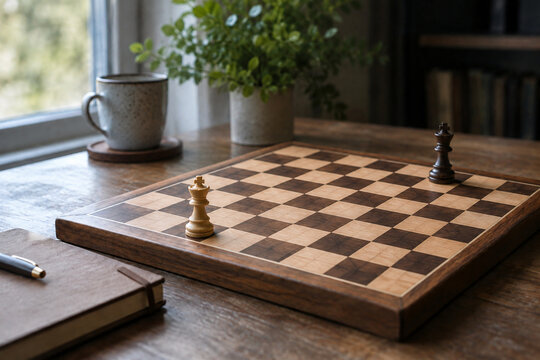 Two kings on a wooden chessboard by a window