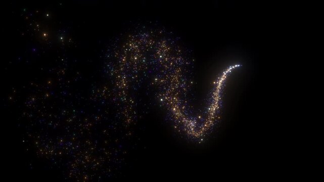 4K Golden Comet Trail Abstract Background Video. Curved Glowing Light Streak with Sparkling Gold and Blue Particles on Black for Motion Graphics and Intros