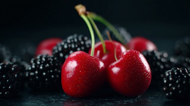 luxury dark background fruit photography, dramatic lighting on cherries and berries, premium stock photo style, cinematic composition