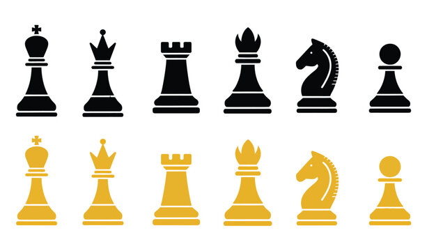 Set of Black and Gold Chess Pieces, King, Queen, Rook, Bishop, Knight and Pawn Icons, Classic Strategy Board Game Symbols.