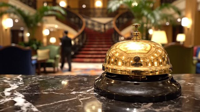 Golden brass bell on a luxury hotel reception desk with a blurred lobby background and stairs