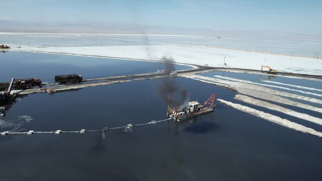 Aerial view of salt mining dredger operating in Chaka Salt Lake, Qinghai, China