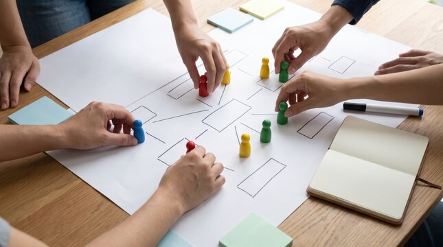 cross functional agile team concept. Team collaborating on project planning using colored game pieces on paper