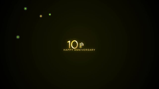 Happy 10th anniversary golden text design glowing against a dark background with festive sparkling light particle effects floating around for celebratory milestone events and corporate parties