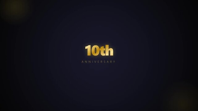 10th anniversary golden celebration typography emblem glowing against a dark background with soft light effects and elegant motion graphics design