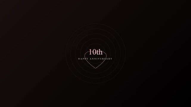 Happy anniversary 10th celebration typography card design with elegant minimalist heart symbol and concentric lines on dark background