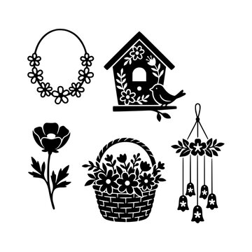 Floral elements set silhouette vector illustration, Floral elements set silhouette design