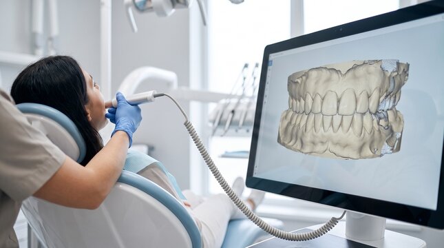 Dentist Performing Intraoral Scan While 3D Digital Model of Patient Teeth and Jaw Appears on Computer Monitor