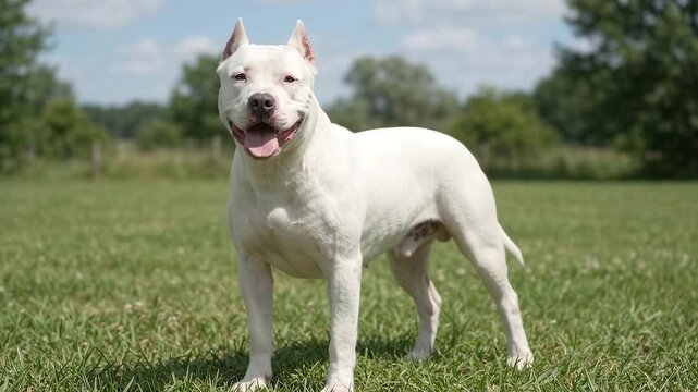 Muscular white pitbull dog standing on green grass field outdoors