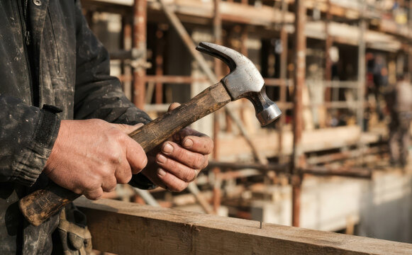 Middle-aged male construction worker holding a hammer over a wooden beam at a building site for renovation work