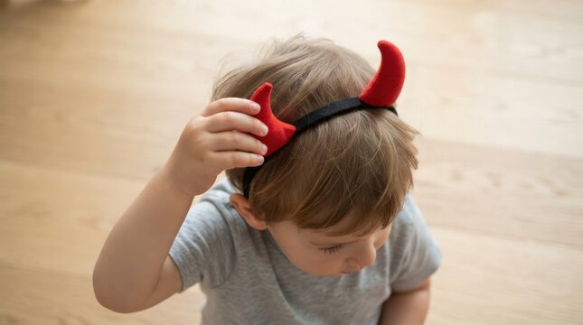 Cute little toddler boy wearing red devil horns headband for Halloween celebration at home
