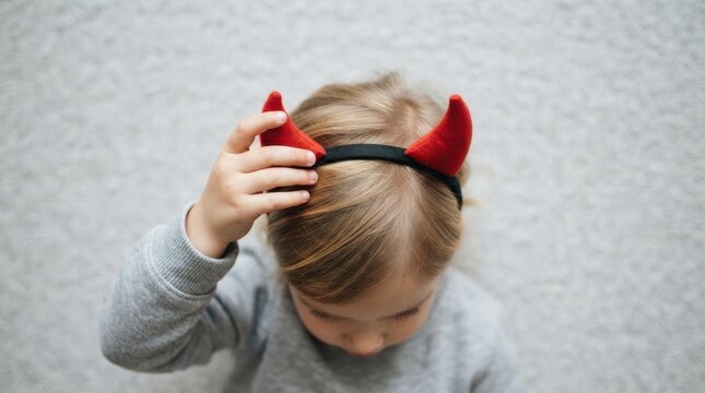 Little caucasian girl wearing red devil horns headband for halloween costume