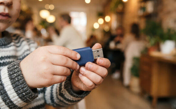Young child holding blue USB flash drive indoors, close-up technology concept