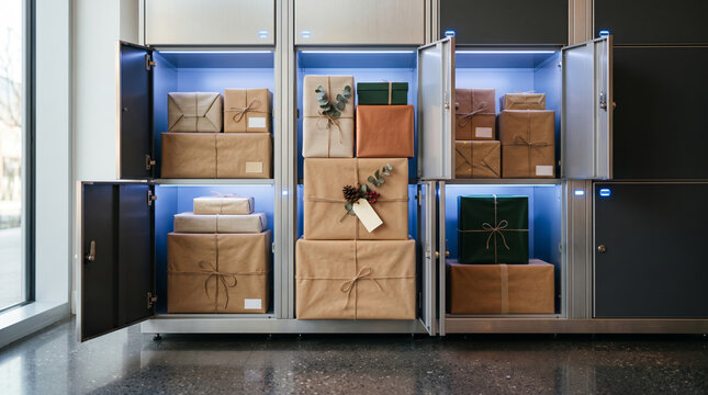 Modern parcel lockers filled with beautifully wrapped gifts and packages illuminated by soft blue light