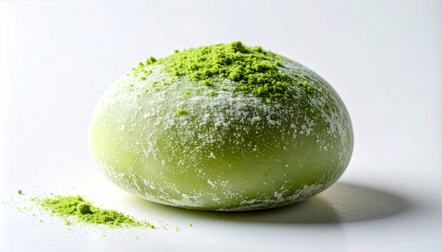 鮮やかな抹茶パウダーと粉糖が振られたモチモチの和菓子・抹茶大福の孤立素材（高級和スイーツ）