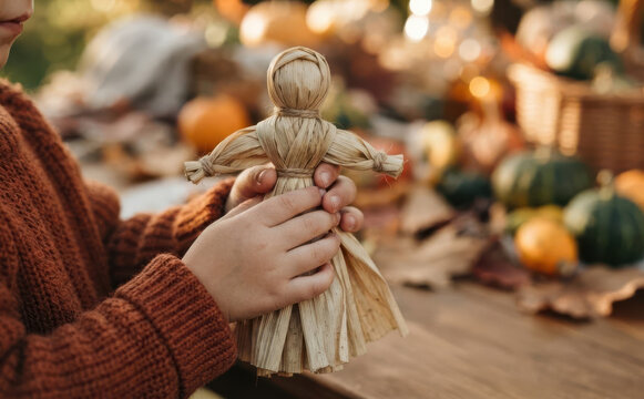 Child holding a handmade corn husk doll for autumn crafts and Thanksgiving traditions