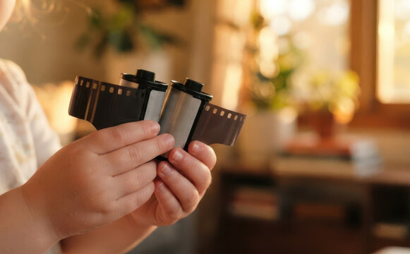 Child holding photographic film rolls in hands, conceptual image representing analog photography and nostalgia