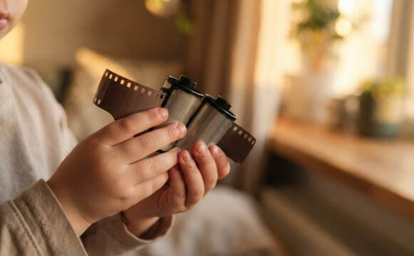 Young child holding photographic film rolls in hands, exploring analog photography, nostalgia and vintage concept