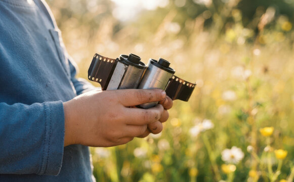 Young child holding two 35mm film canisters outdoors in a field representing photography and nostalgia