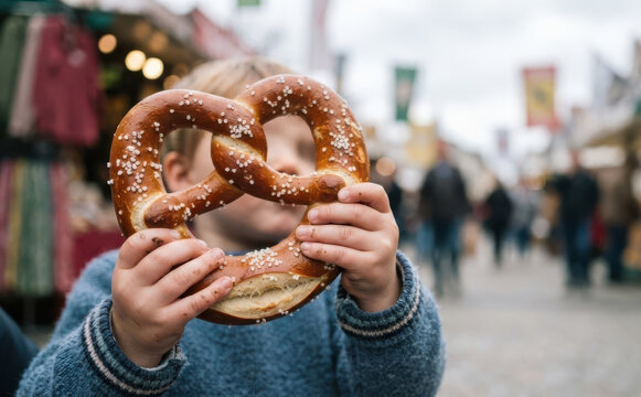 Young toddler boy holding a giant salted pretzel at an outdoor market festival concept