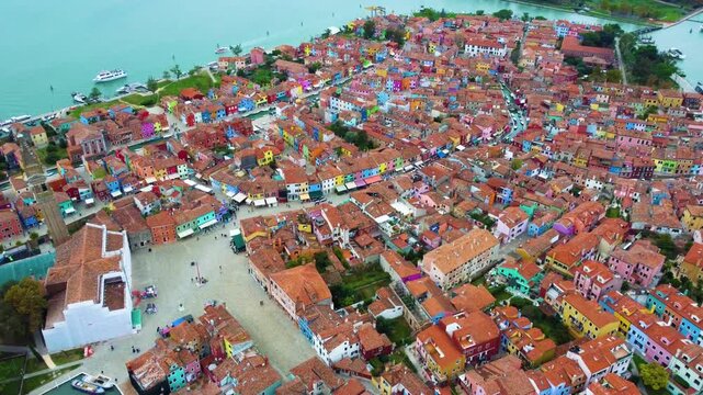 Aerial view of the colorful houses and canals of Burano island in the Venetian Lagoon, Venice, Veneto, Italy.