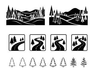 Set of vector landscape illustrations with winding roads, pine trees, and forest hills, simple black and white graphic design elements for travel and nature themes © MD HOSSAIN KHAN