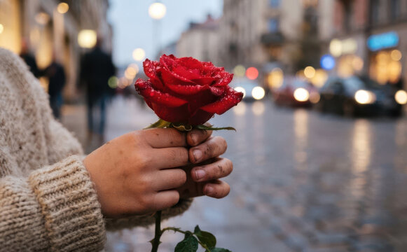 Child holding a wet red rose on a rainy city street, concept of love and sympathy for greeting cards