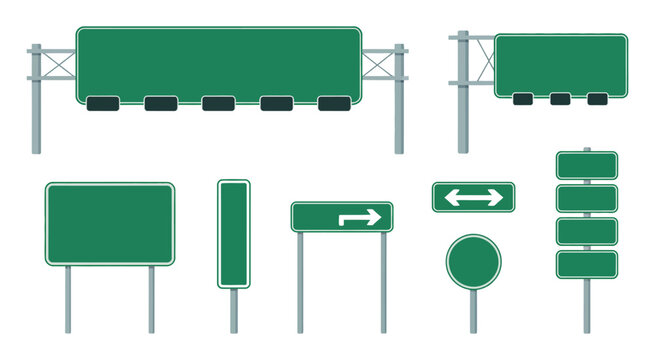 Set of Blank Green Road and Highway Signs, Directional Traffic Signboards, Empty Street Signs, Transportation and Navigation Vector Illustration.
