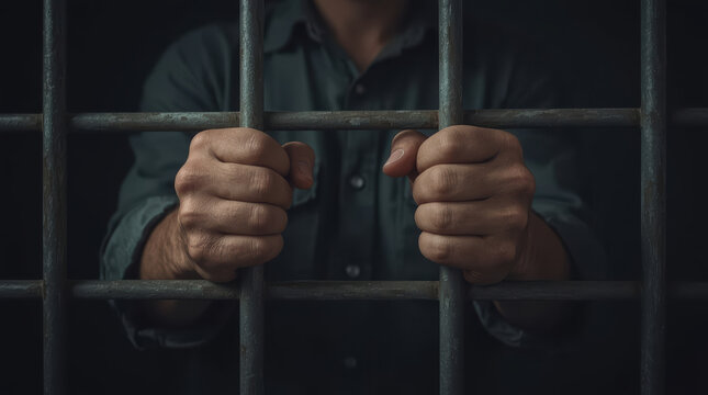 Hands gripping prison bars express confinement and emotional distress in dark setting