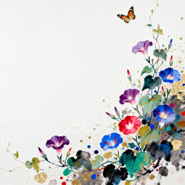 Chinese ink painting of morning glories and butterfly