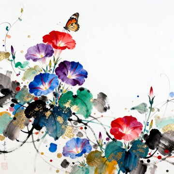 Chinese ink painting of morning glories and butterfly