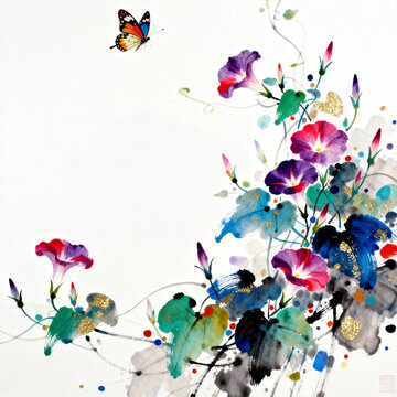 Chinese ink painting of morning glories and butterfly